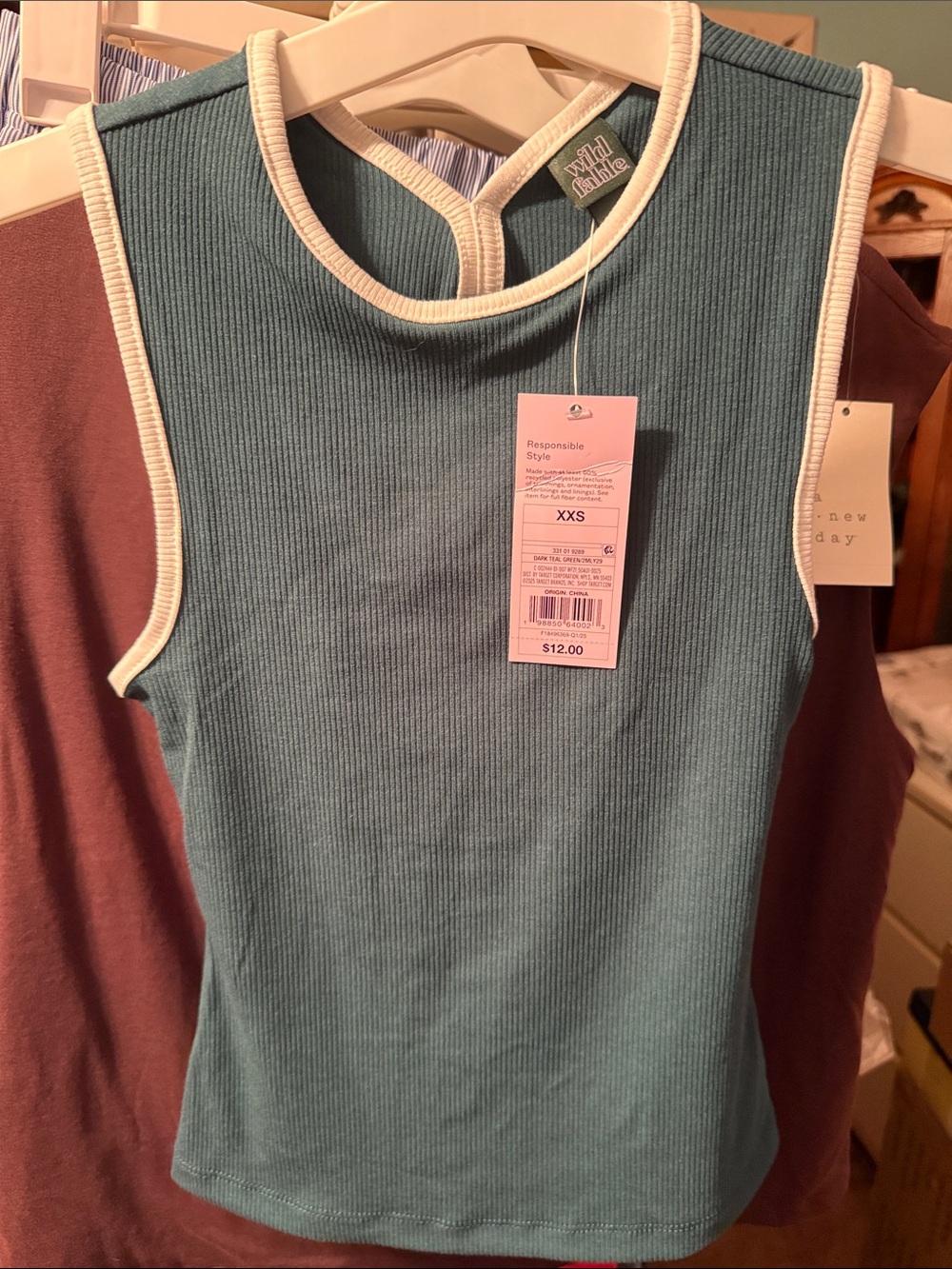 wild fable Dark Teal Ribbed Tank with White Trim